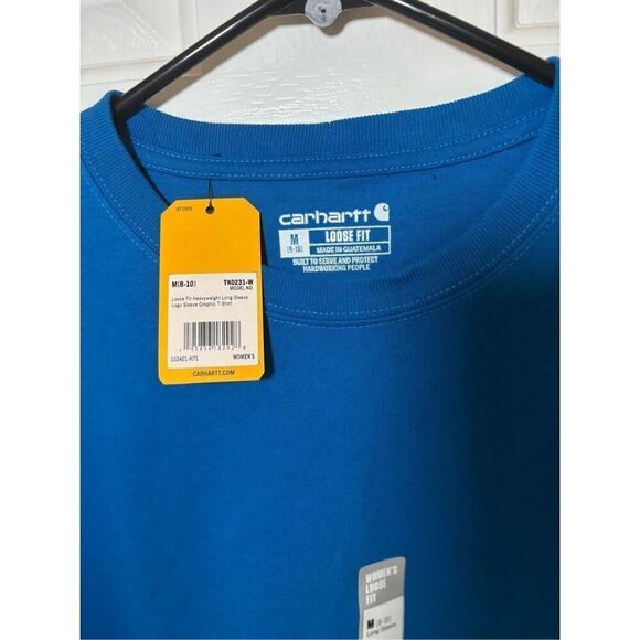 Carhartt Womens M 8-10 Blue Loose Fit Long Sleeve Logo Sleeve Graphic Tee Shirt - Picture 5 of 6